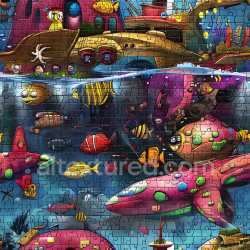 seamless Seamless 3D PBR graffiti texture with vibrant underwater cartoon style fish mural texture 8k free download PBR