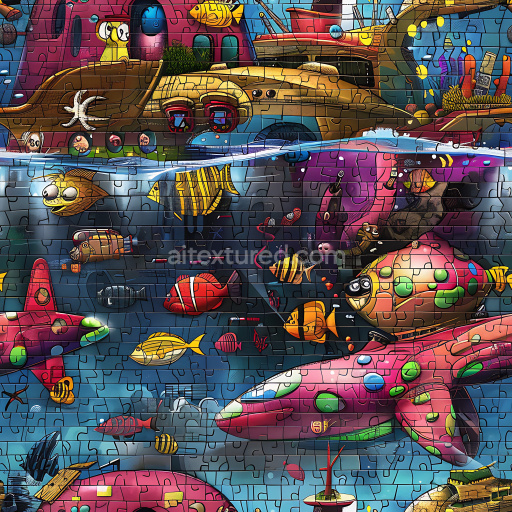 Preview — Seamless 3D PBR graffiti texture with vibrant underwater cartoon style fish mural