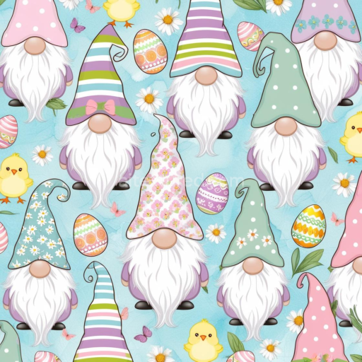 Seamless 3D PBR Texture of Colorful Easter Gnomes and Eggs on Blue