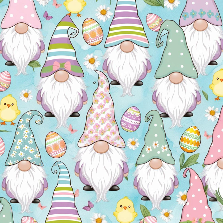 All Easter Digital paper of Colorful Easter Gnomes and Eggs on Blue seamless PBR texture preview