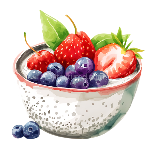 Watercolor Style Chia Seed Pudding Bowl with Fresh Berries Breakfast Illustration