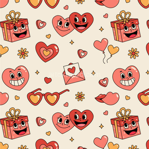 Seamless 3D PBR Texture with Vibrant Cartoon Happy Faces and Valentine Motifs