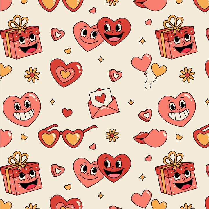 with Vibrant Cartoon Happy Faces and Valentine Motifs seamless PBR texture preview