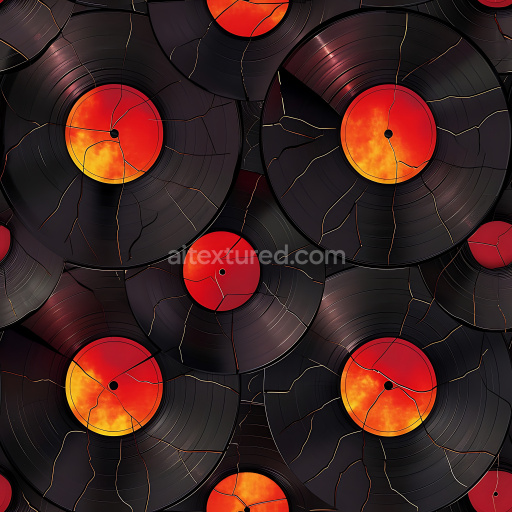 Seamless 3D cracked vinyl record PBR texture with vibrant red-orange labels