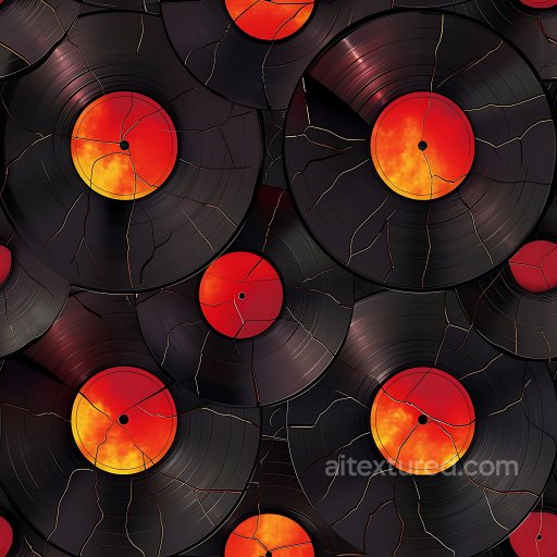 cracked vinyl record PBR texture with vibrant red-orange labels seamless Cracked & Holes PBR texture