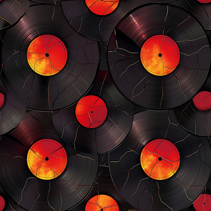 Cracked Vinyl Record With Vibrant Red-Orange Labels seamless PBR texture preview