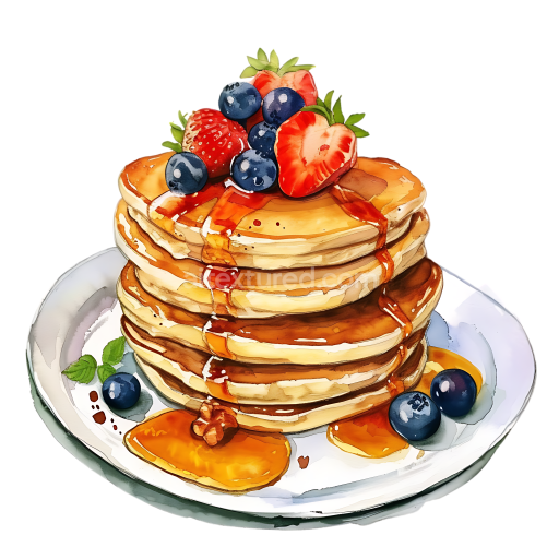 Watercolor Style Breakfast Pancakes with Macadamia Nuts and Mixed Berries