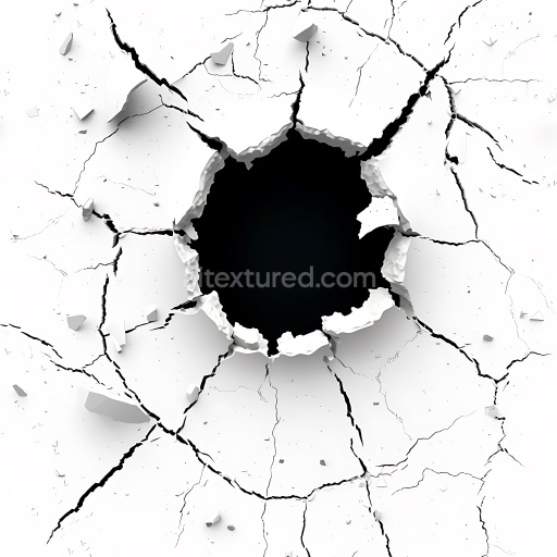 Seamless 3D Cracked White Plaster Hole PBR Texture with Jagged Edges