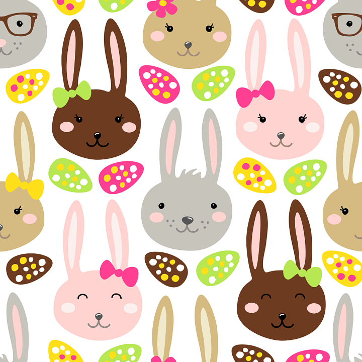 Featuring Cute Easter Bunny Faces and Colorful Eggs Pattern seamless PBR texture preview