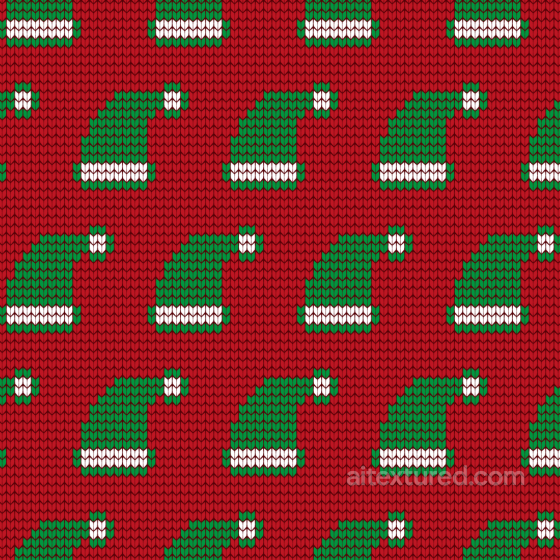 Knit Fabric Texture Featuring Red Background & Green Santa Hats All Christmas Digital paper texture preview