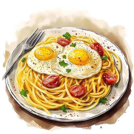 Breakfast Carbonara Spaghetti with Fried Eggs and Cherry Tomatoes Illustration
