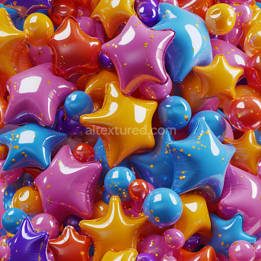 Seamless 3D Inflated PBR Texture Featuring Multicolored Star and Bubble Vinyl Shapes