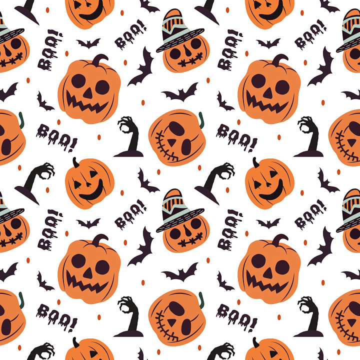 Halloween Pumpkin & Bat Pattern with Cartoonish Spooky Motifs seamless PBR texture preview