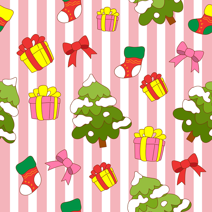 Christmas Digital Paper Featuring Presents, Stockings & Snowy Trees seamless PBR texture preview