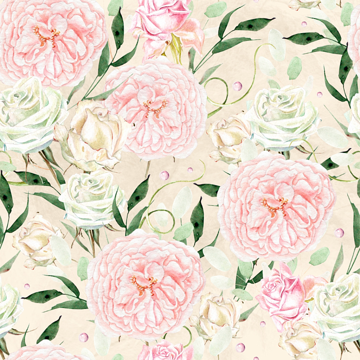 Flower of Soft Pastel Watercolor Roses and Greenery seamless PBR texture preview