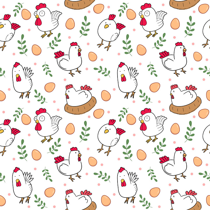 Pattern Featuring Playful Cartoon Chickens and Eggs seamless PBR texture preview