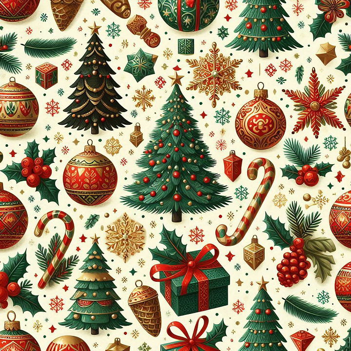 Christmas Vintage of Vintage Christmas Fabric Pattern with Ornaments seamless PBR texture preview