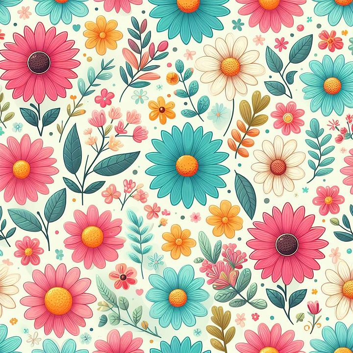 Floral Pattern with Bright Tropical Flowers seamless PBR texture preview