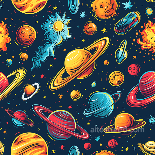 Space PBR Texture with Cartoon Planets, Stars, and Cosmic Elements seamless Star, space, planets PBR texture