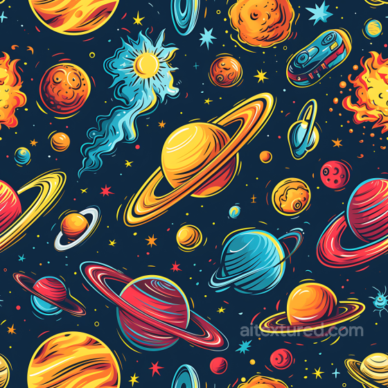 Space PBR Texture with Cartoon Planets, Stars, and Cosmic Elements Star, space, planets texture preview