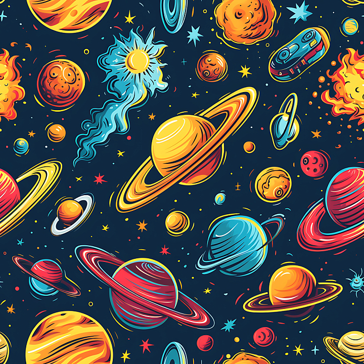 Space with Cartoon Planets, Stars, and Cosmic Elements seamless PBR texture preview