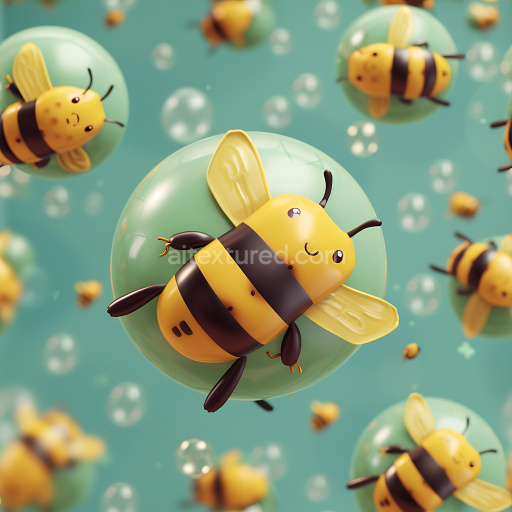 Seamless 3D Inflated PBR Texture Featuring Glossy Yellow-Black Cartoon Bees on Glossy Green Spheres