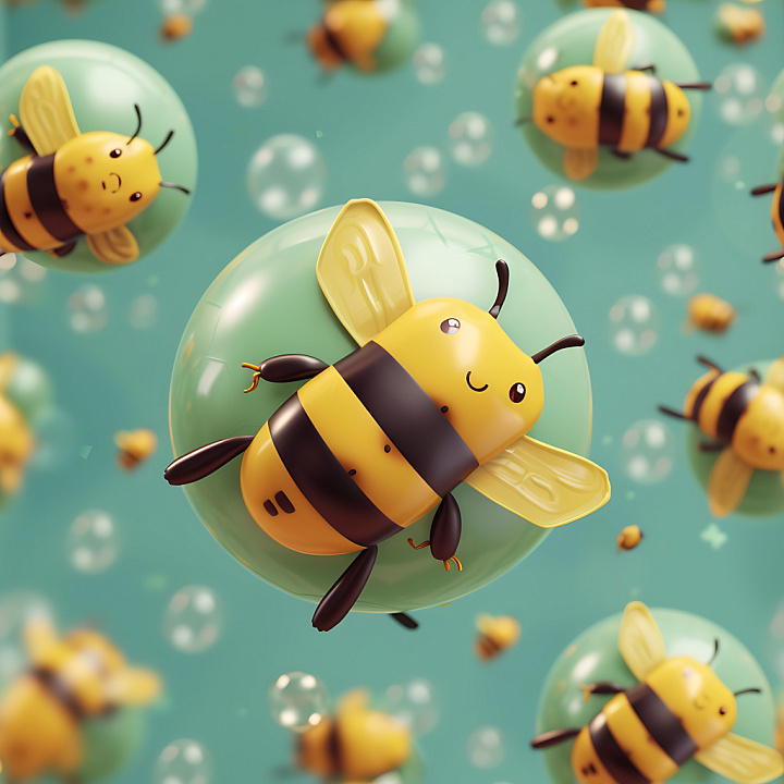 Inflated Featuring Glossy Green Bubble Pods with Cute Yellow Bumblebees seamless PBR texture preview