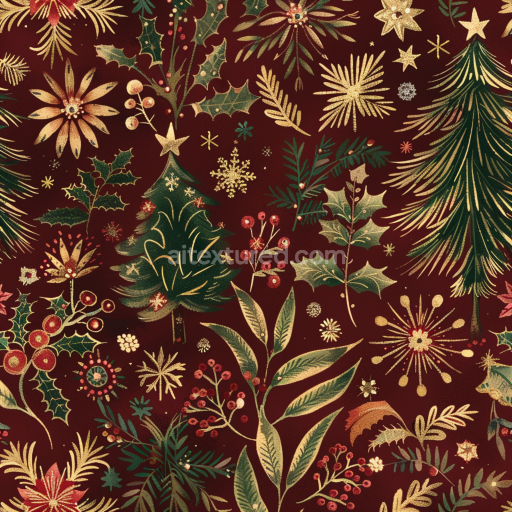 Seamless 3D PBR Texture Featuring Festive Gold and Green Christmas Florals