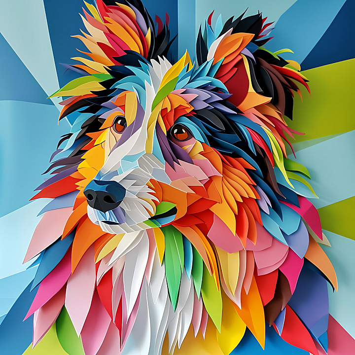 Animal of Vibrant Collie Dog Fur Pattern in Origami Style seamless PBR texture preview