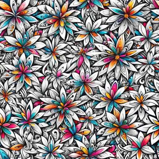 Seamless 3D PBR graffiti texture with vibrant floral patterns in white, orange, blue, and pink