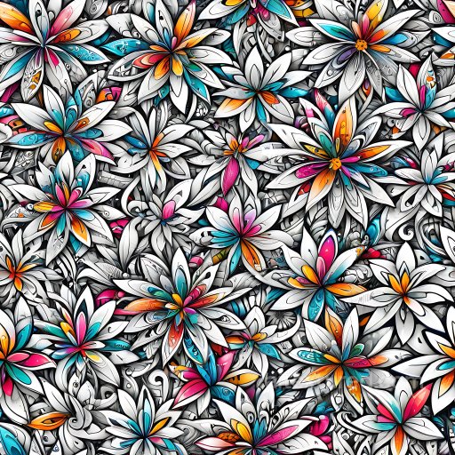 Seamless 3D PBR graffiti texture with vibrant floral patterns in white, orange, blue, and… texture preview