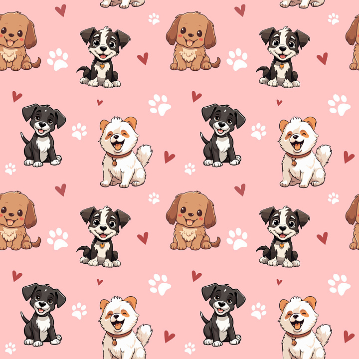 Pattern Featuring Cute Cartoon Dogs and Hearts on Pink seamless PBR texture preview