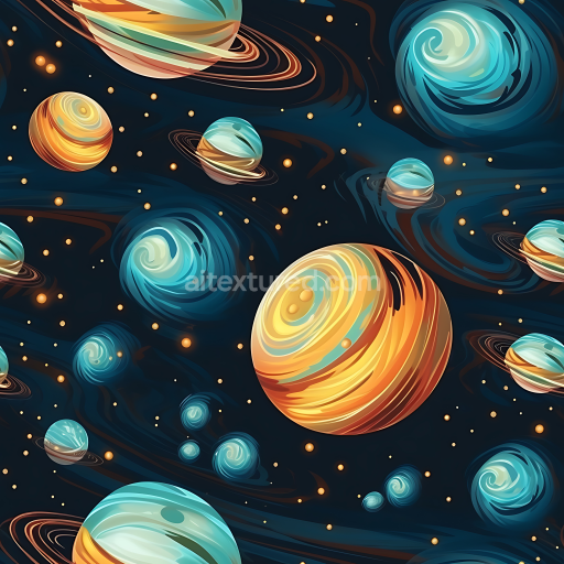 Seamless 3D Space PBR Texture Featuring Colorful Planets and Swirling Nebula Clouds