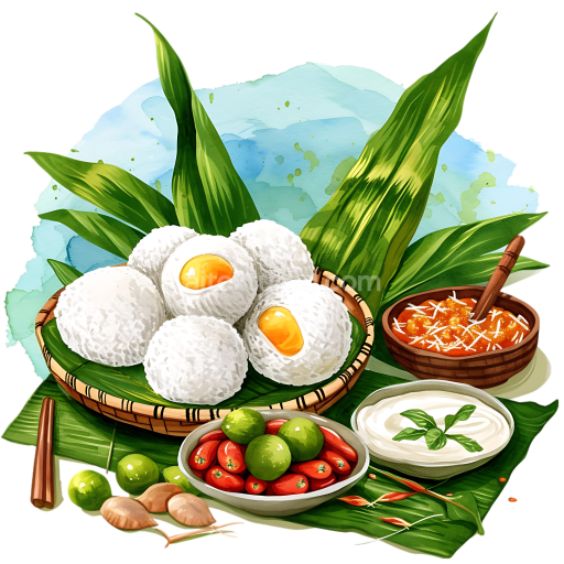 Bangladeshi Pitha Rice Cakes with Chutney and Fresh Fruits Breakfast Illustration