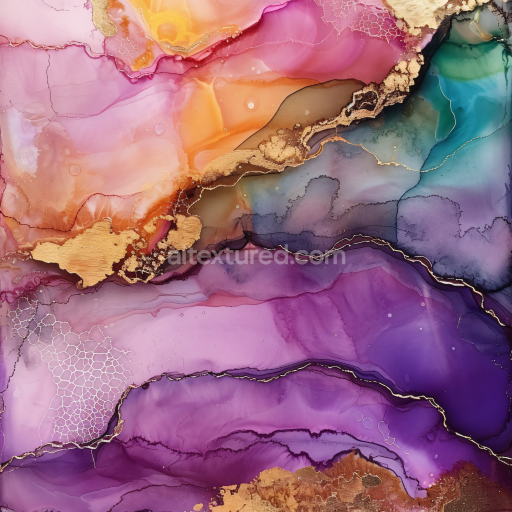Seamless 3D Alcohol Ink PBR Texture Featuring Lush Purple Hues and Metallic Gold Veins