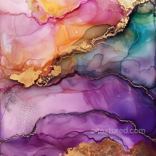 Alcohol Ink PBR Texture Featuring Lush Purple Hues and Metallic Gold Veins seamless Alcohol ink PBR texture