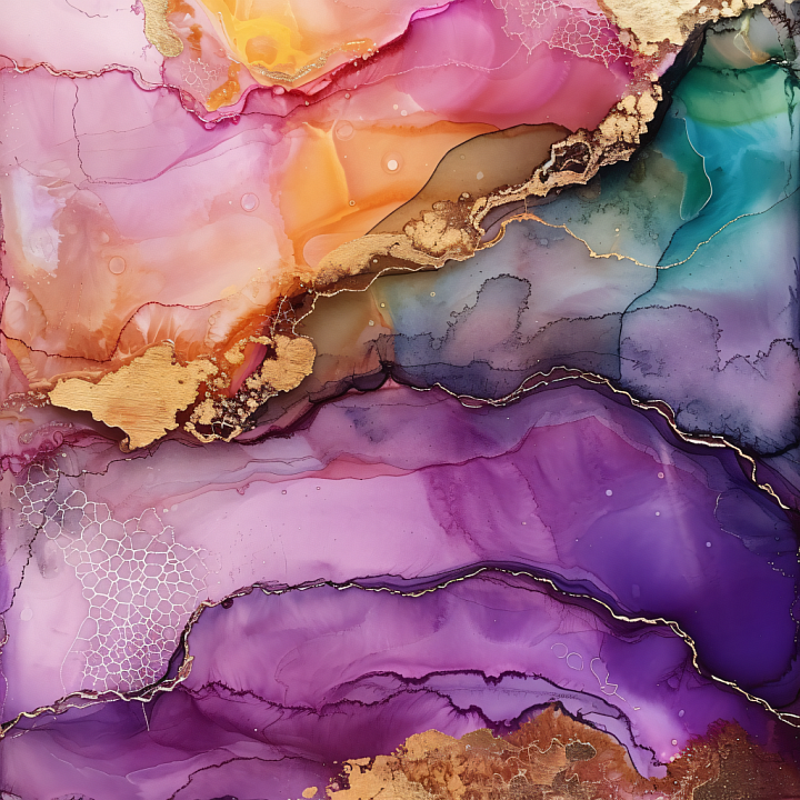 Alcohol Ink Featuring Lush Purple Hues and Metallic Gold Veins seamless PBR texture preview