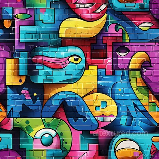 Seamless 3D PBR Texture Featuring Colorful Abstract Graffiti on Brick Wall texture preview