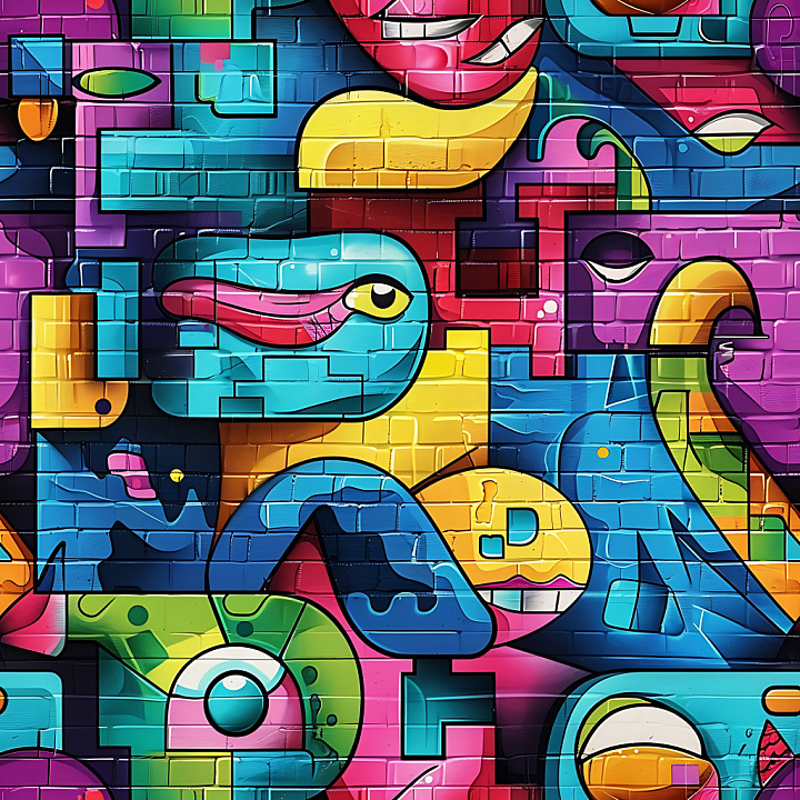 Featuring Colorful Abstract Graffiti on Brick Wall seamless PBR texture preview