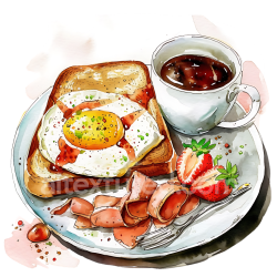 seamless Breakfast Plate with Fried Egg on Toast, Ham, Strawberries, and Coffee - Watercolor Style texture 8k free download PBR