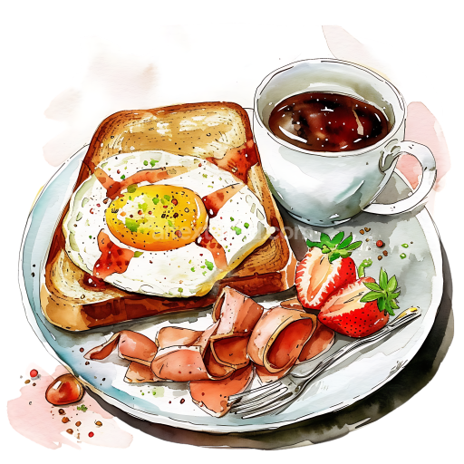 Breakfast Plate with Fried Egg on Toast, Ham, Strawberries, and Coffee - Watercolor Style