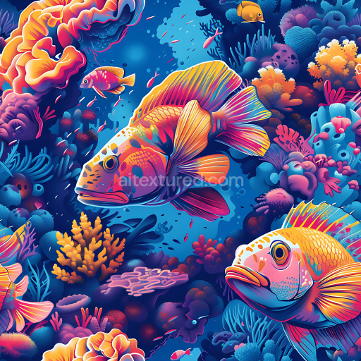 Seamless 3D PBR Texture Featuring Vibrant Underwater Fish and Coral Graffiti