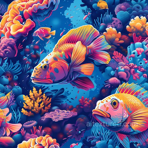 Seamless 3D PBR Texture Featuring Vibrant Underwater Fish and Coral Graffiti texture preview