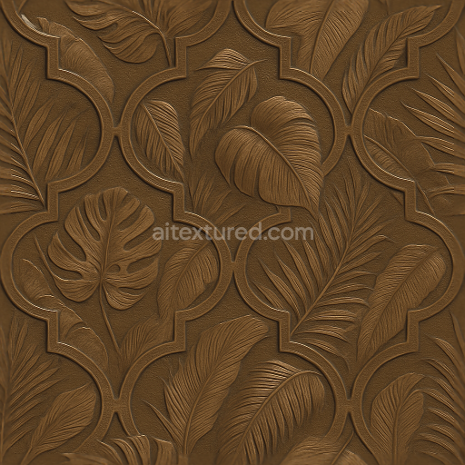 Seamless 3d texture pbr 8k tropical leaves quatrefoil wallpaper with embossed bronze sheen finish