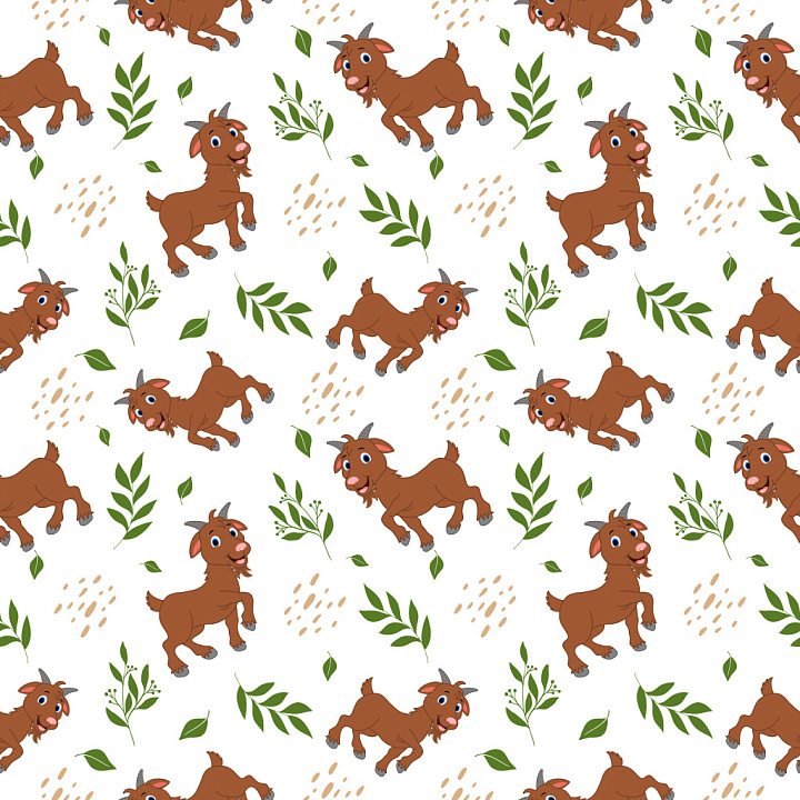 Pattern with Playful Cartoon Goats and Greenery seamless PBR texture preview