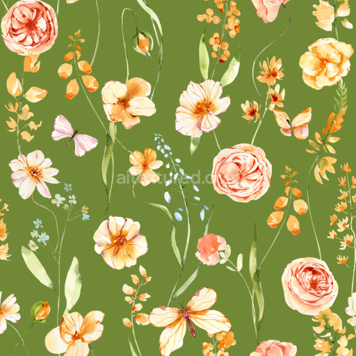 Seamless 3D PBR Watercolor Floral Greenery Texture with Orange Flowers