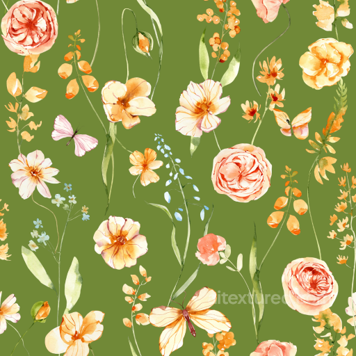 Watercolor Floral Greenery Texture with Orange Flowers seamless watercolor greenery  PBR texture