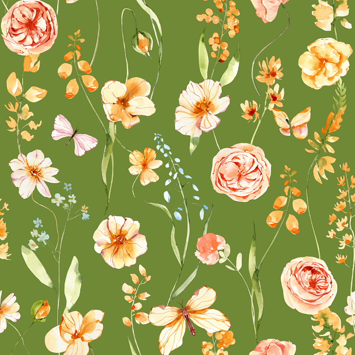 Watercolor Floral Greenery with Orange Flowers seamless PBR texture preview