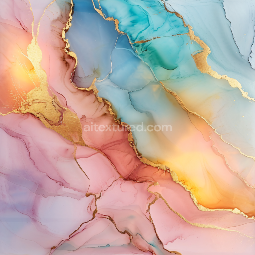 Seamless 3D Alcohol Ink PBR Texture Featuring Pastel Swirls and Gold Veins