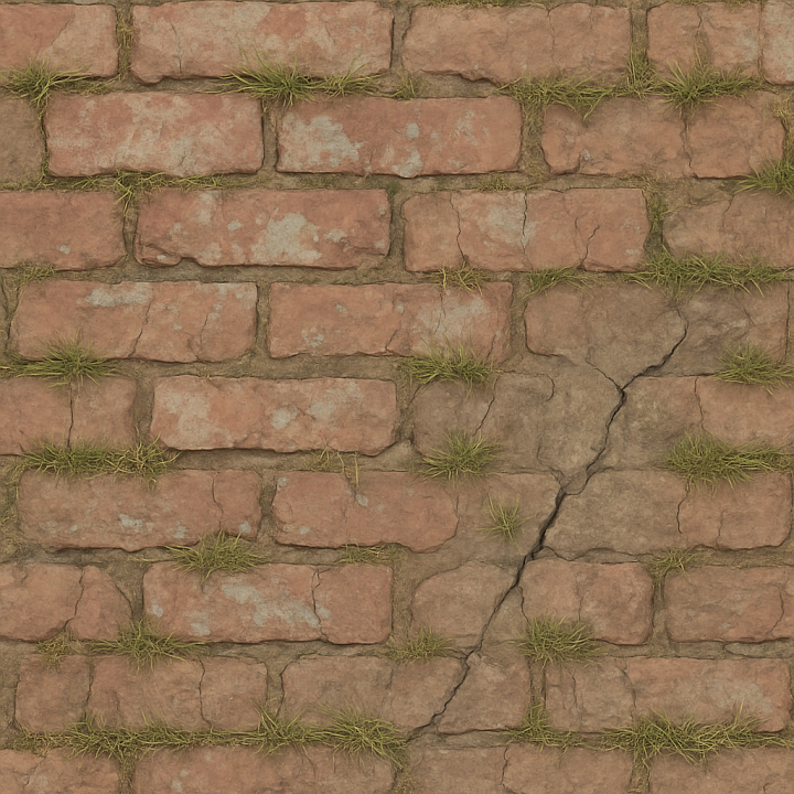 Brick Weathered With Faded Paint And Patchy Grass Cracks Asphalt seamless PBR texture preview